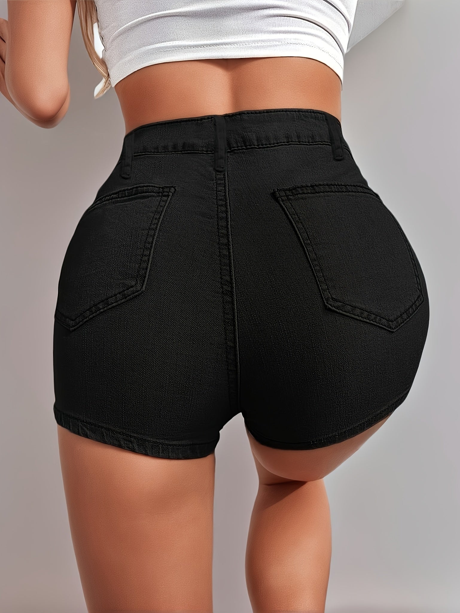 Black Stretch Slim Fit Denim Shorts - Casual Mid Waist Design   OAXG 