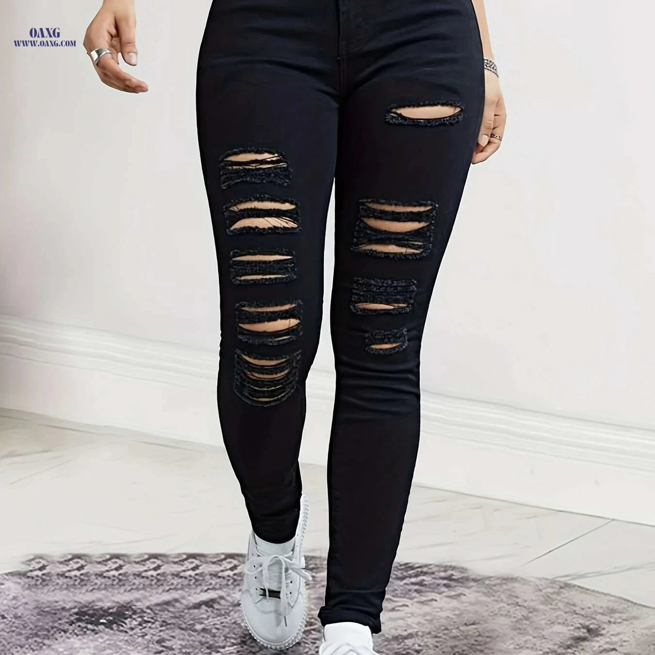 Black Stretchy Ripped Skinny Pants - All-Season Comfort & Style   OAXG Black / XS