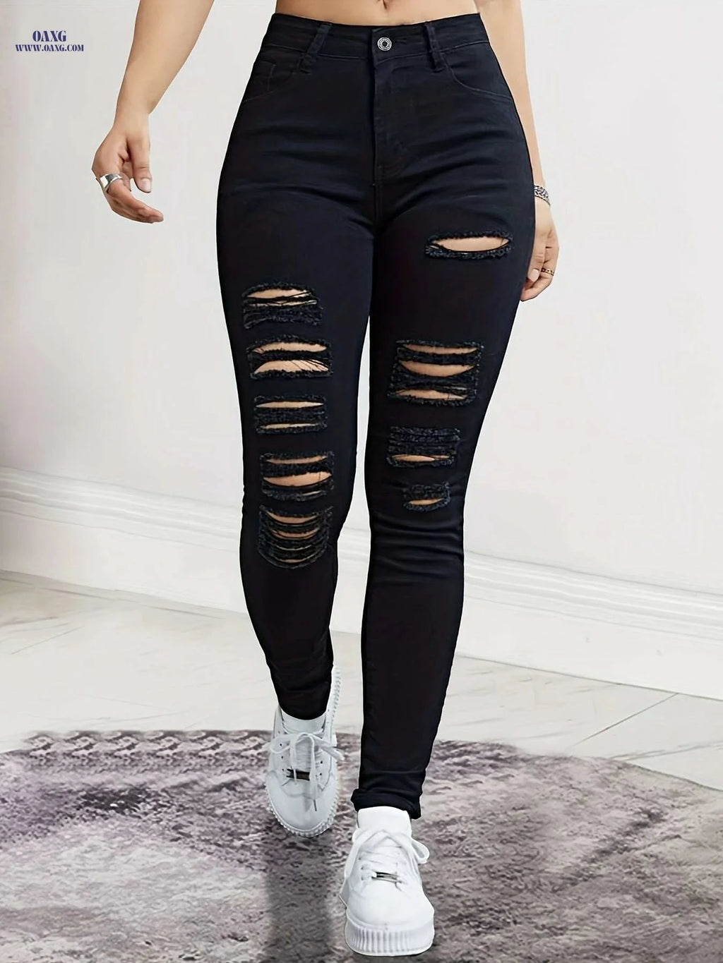 Black Stretchy Ripped Skinny Pants - All-Season Comfort & Style   OAXG Black / XS