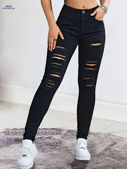 Black Stretchy Ripped Skinny Pants - All-Season Comfort & Style   OAXG Black / XS