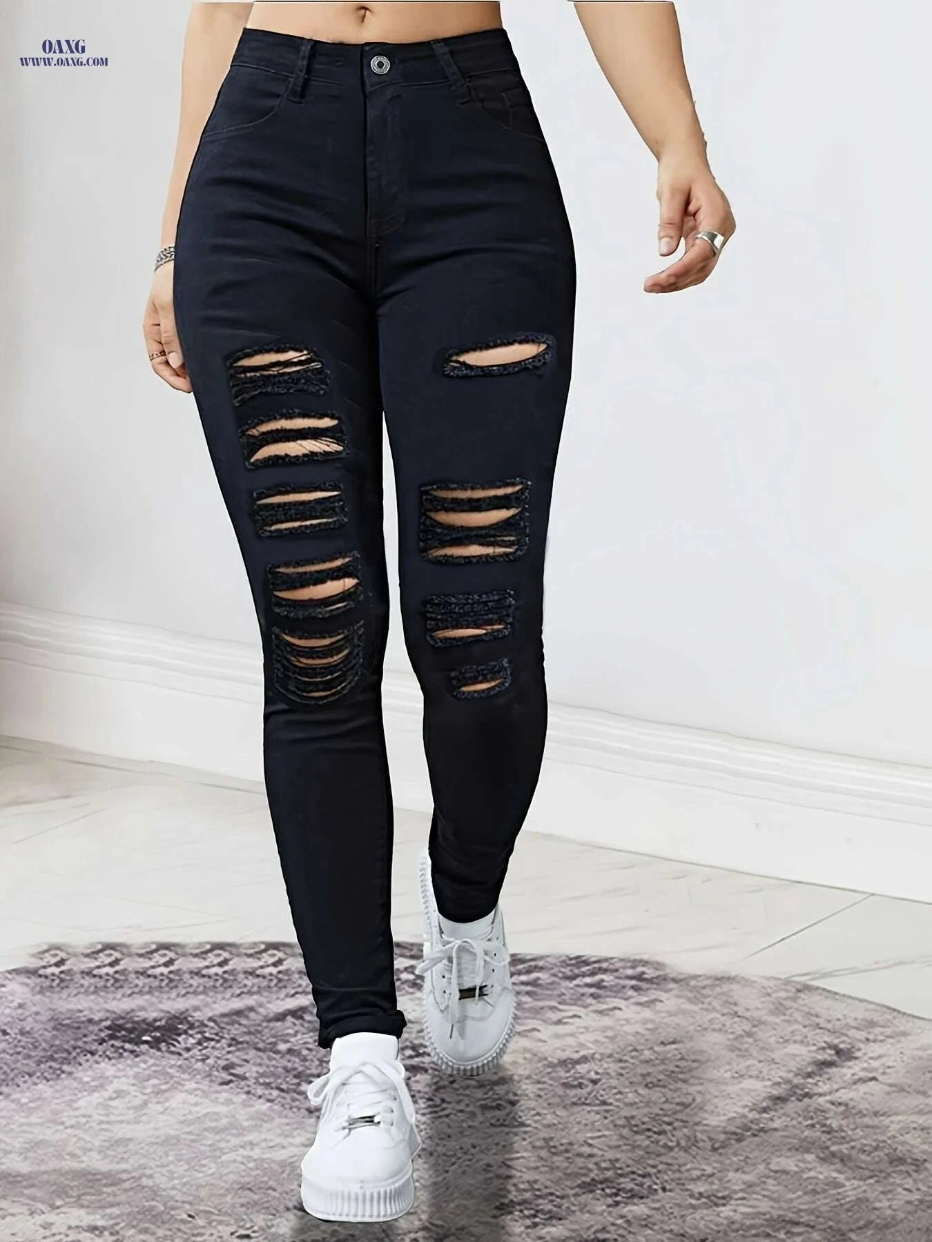 Black Stretchy Ripped Skinny Pants - All-Season Comfort & Style   OAXG Black / XS
