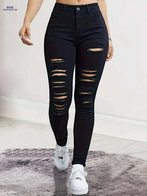 Black Stretchy Ripped Skinny Pants - All-Season Comfort & Style   OAXG Black / XS