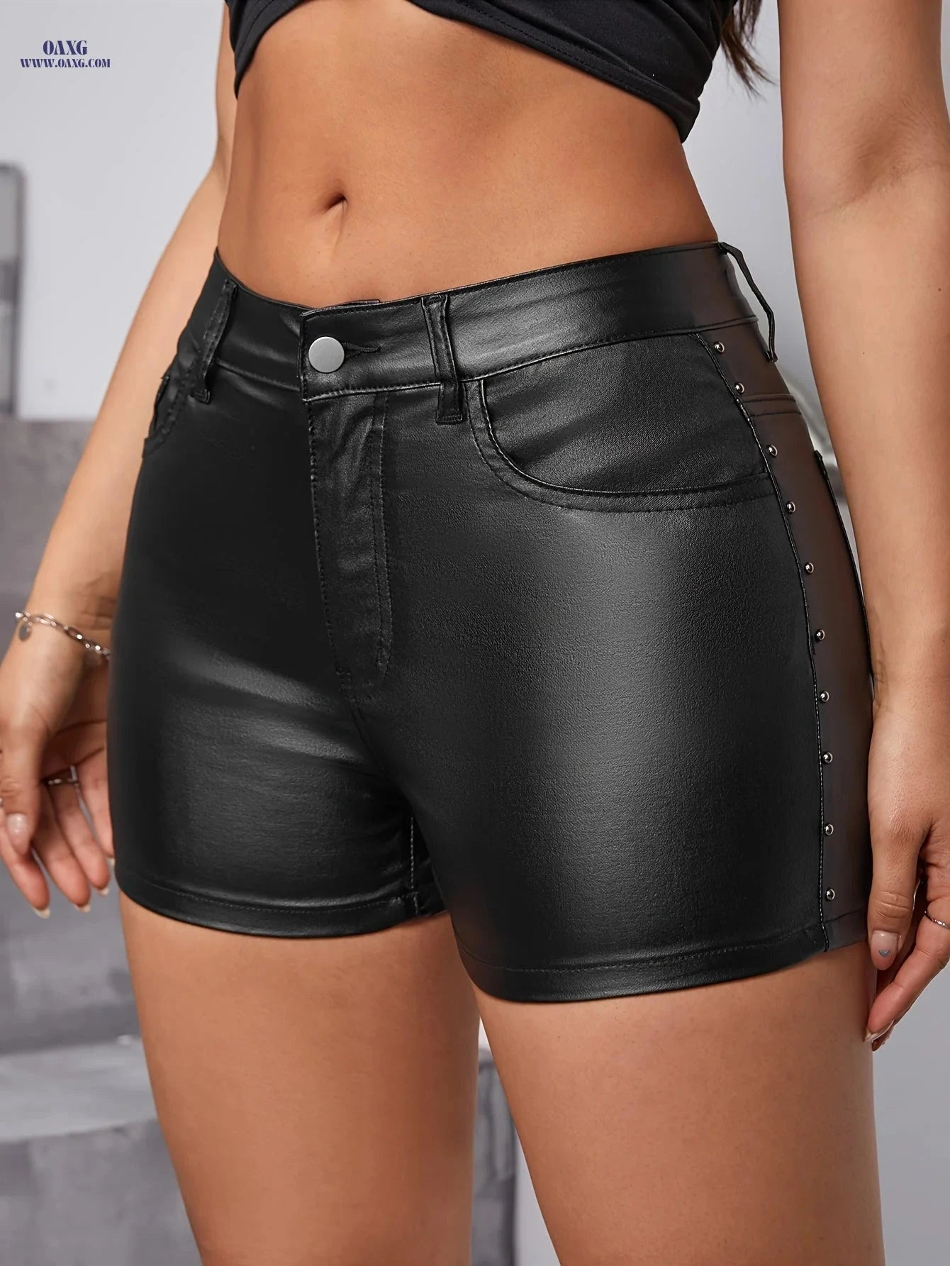 Black Studded Bead Denim Shorts - Casual PU-Coated Summer Style   OAXG 