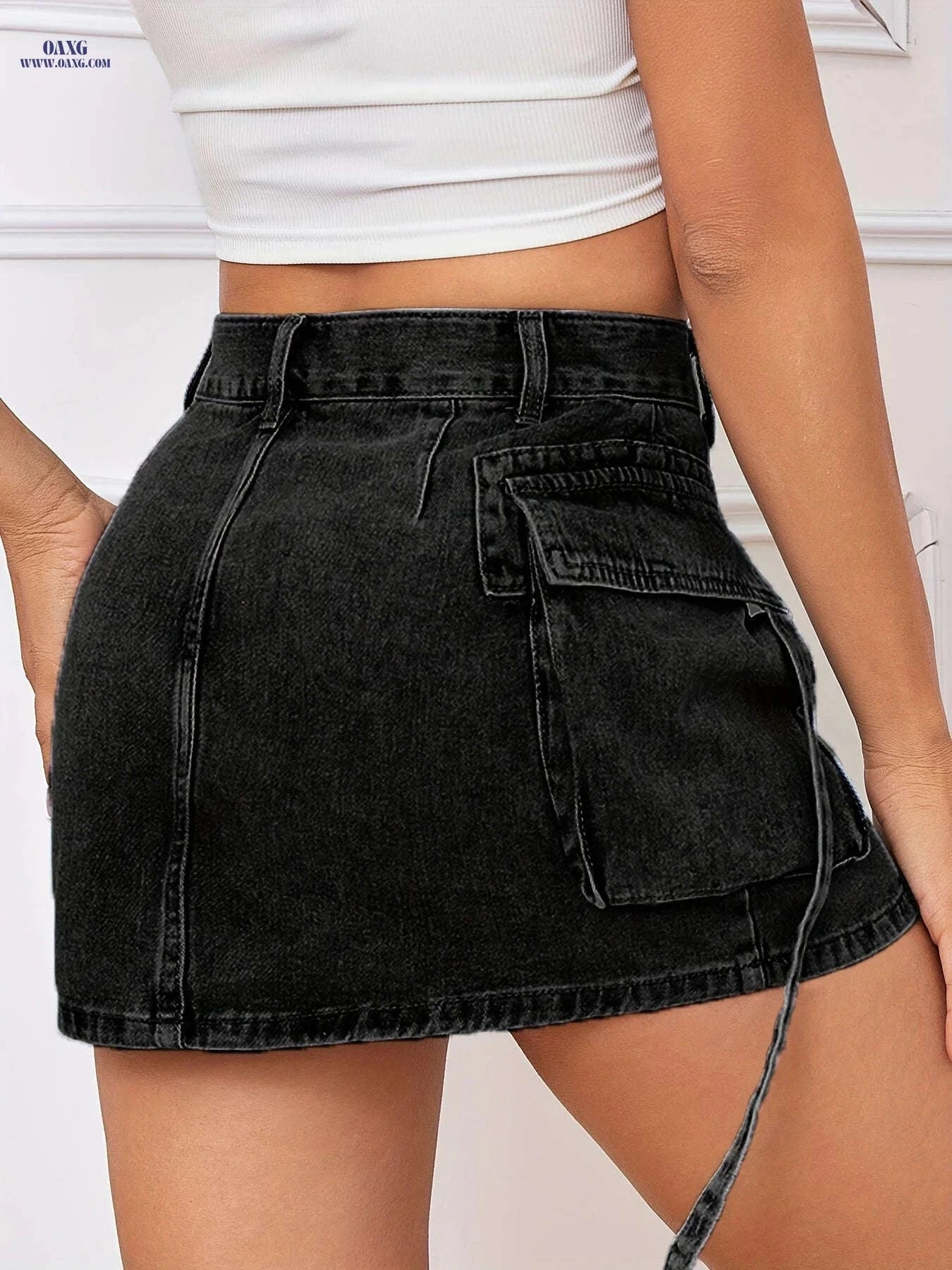 Black Utility Skirt - Vintage Style, Non-Stretch Polyester Fabric   OAXG 