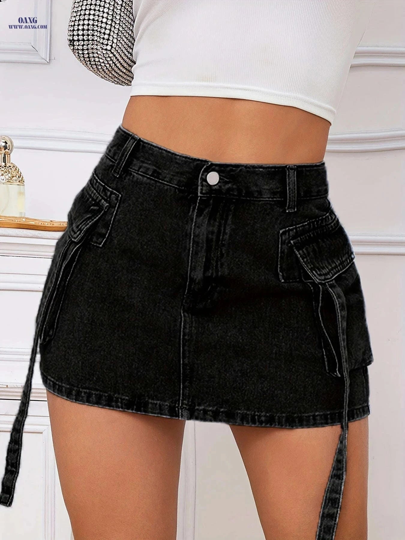 Black Utility Skirt - Vintage Style, Non-Stretch Polyester Fabric   OAXG 