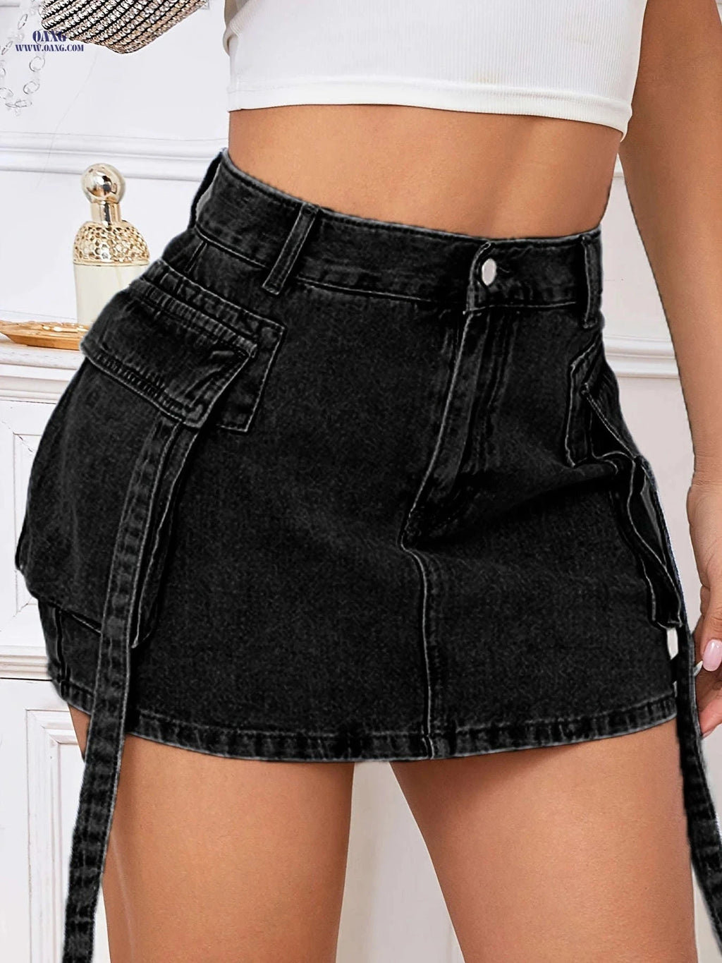 Black Utility Skirt - Vintage Style, Non-Stretch Polyester Fabric   OAXG 