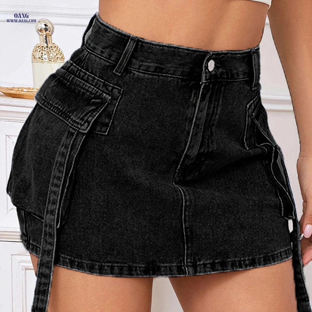 Black Utility Skirt - Vintage Style, Non-Stretch Polyester Fabric   OAXG Black / S