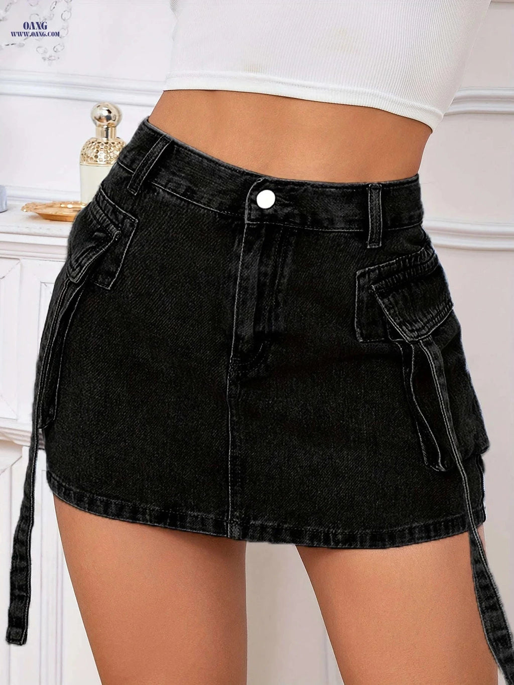 Black Utility Skirt - Vintage Style, Non-Stretch Polyester Fabric   OAXG Black / S