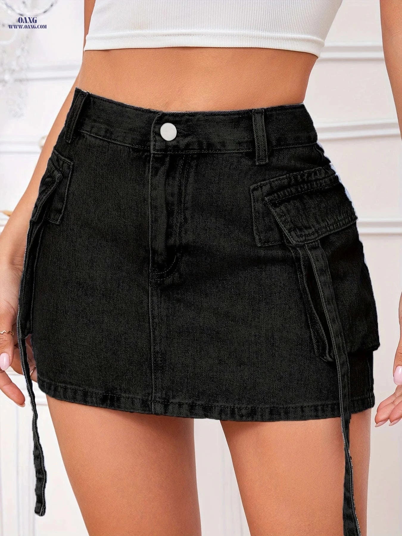 Black Utility Skirt - Vintage Style, Non-Stretch Polyester Fabric   OAXG Black / S