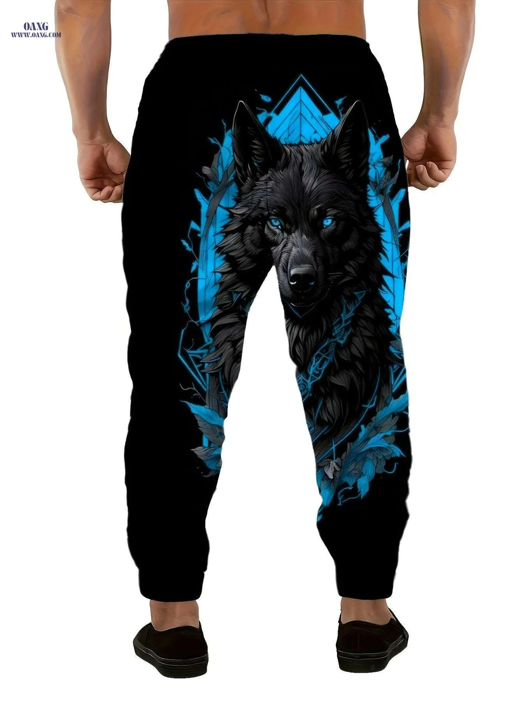 Blue & Black Wolf Print Joggers for Men - Stretchy Casual Sportswear   OAXG 