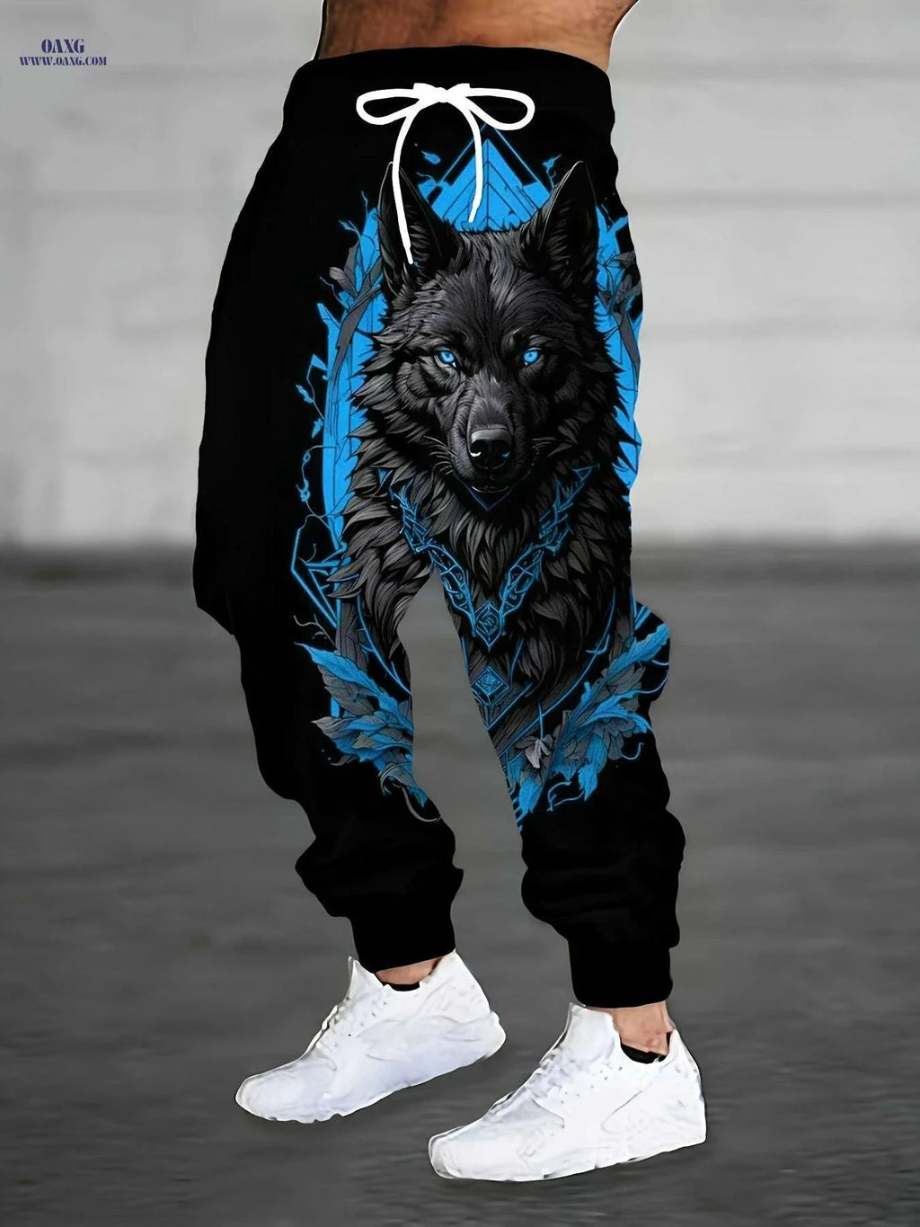 Blue & Black Wolf Print Joggers for Men - Stretchy Casual Sportswear   OAXG Black / S