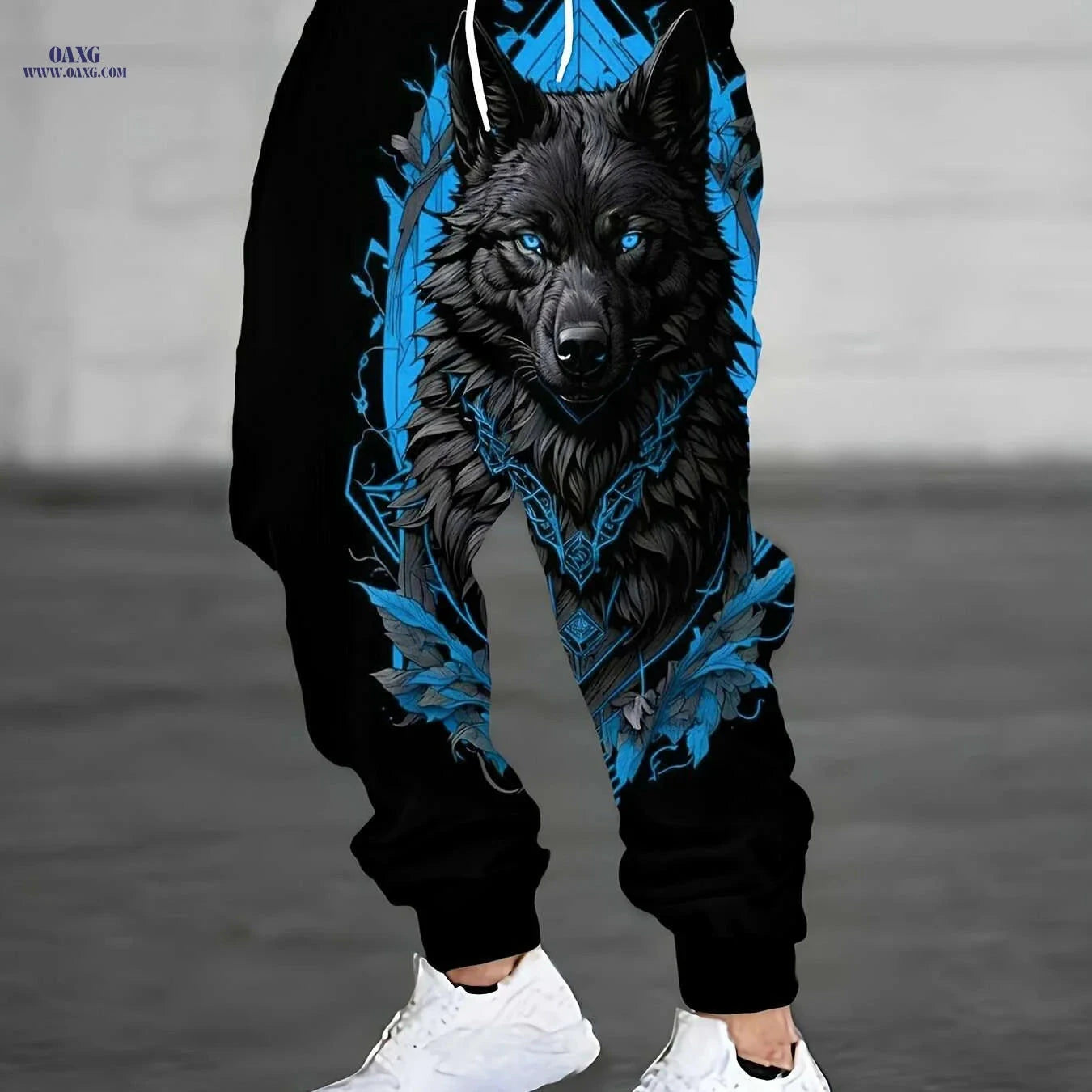Blue & Black Wolf Print Joggers for Men - Stretchy Casual Sportswear   OAXG Black / S