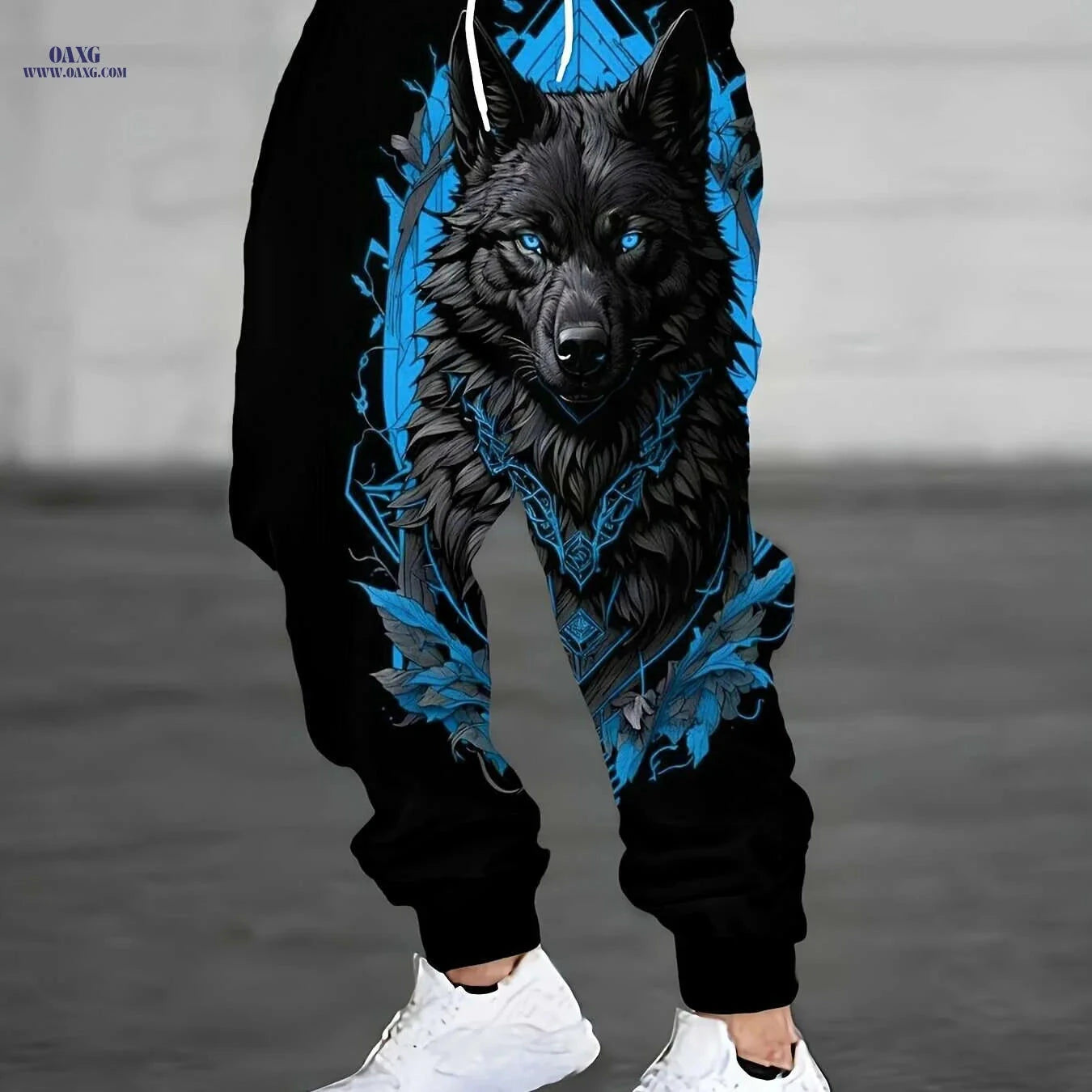 Blue & Black Wolf Print Joggers for Men - Stretchy & Comfortable Fit   OAXG Black / S