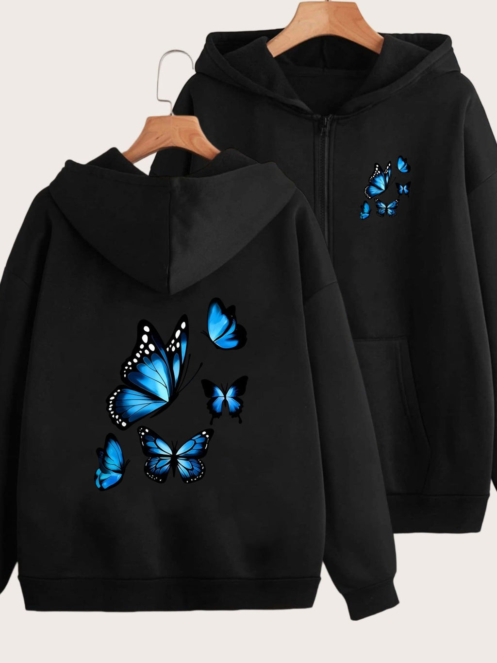 Blue Butterfly Print Peanut Dynamic Lively Embellishment Fashion Front And Back 2 Patterns Printed Hoodie - Y2K Casual Style Zip-Up Hooded Sweatshirt - Fashionable And Comfortable Zip-Up Jacket - All-Season Casual Athletic Wear Casual Athletic