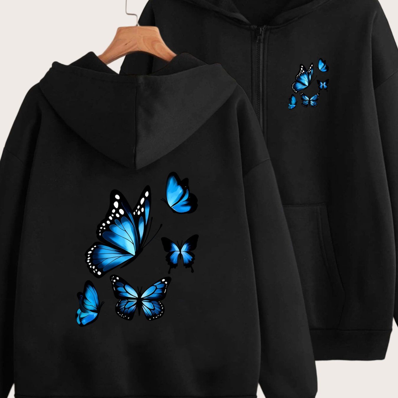Blue Butterfly Print Peanut Dynamic Lively Embellishment Fashion Front And Back 2 Patterns Printed Hoodie - Y2K Casual Style Zip-Up Hooded Sweatshirt - Fashionable And Comfortable Zip-Up Jacket - All-Season Casual Athletic Wear Casual Athletic