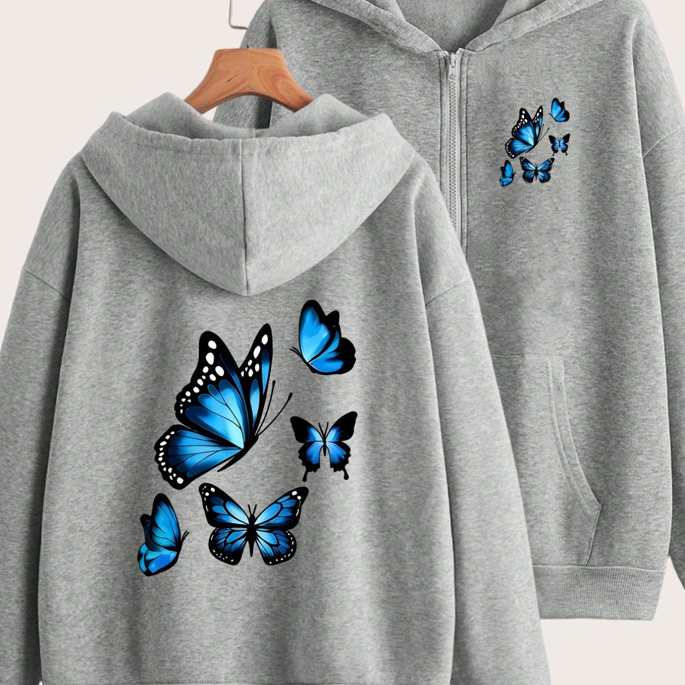 Blue Butterfly Print Peanut Dynamic Lively Embellishment Fashion Front And Back 2 Patterns Printed Hoodie - Y2K Casual Style Zip-Up Hooded Sweatshirt - Fashionable And Comfortable Zip-Up Jacket - All-Season Casual Athletic Wear Casual Athletic
