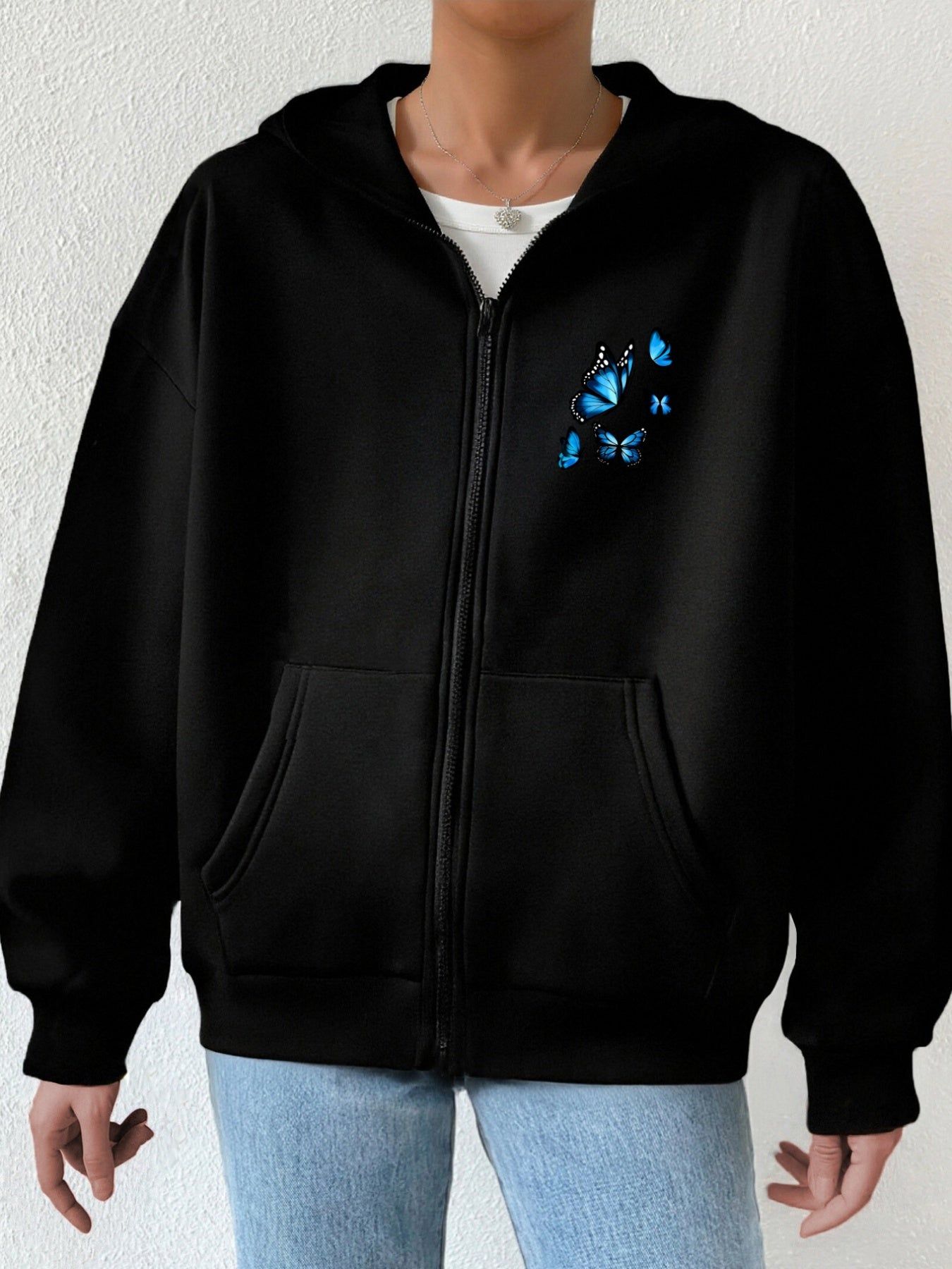 Blue Butterfly Print Peanut Dynamic Lively Embellishment Fashion Front And Back 2 Patterns Printed Hoodie - Y2K Casual Style Zip-Up Hooded Sweatshirt - Fashionable And Comfortable Zip-Up Jacket - All-Season Casual Athletic Wear Casual Athletic