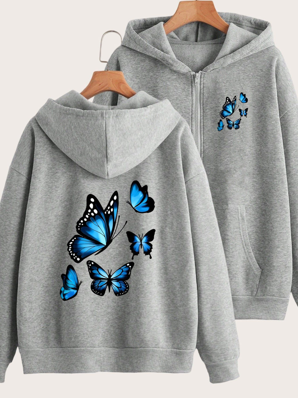 Blue Butterfly Print Peanut Dynamic Lively Embellishment Fashion Front And Back 2 Patterns Printed Hoodie - Y2K Casual Style Zip-Up Hooded Sweatshirt - Fashionable And Comfortable Zip-Up Jacket - All-Season Casual Athletic Wear Casual Athletic