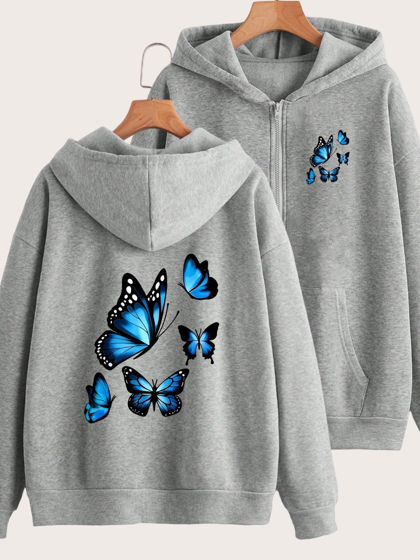 Blue Butterfly Print Peanut Dynamic Lively Embellishment Fashion Front And Back 2 Patterns Printed Hoodie - Y2K Casual Style Zip-Up Hooded Sweatshirt - Fashionable And Comfortable Zip-Up Jacket - All-Season Casual Athletic Wear Casual Athletic