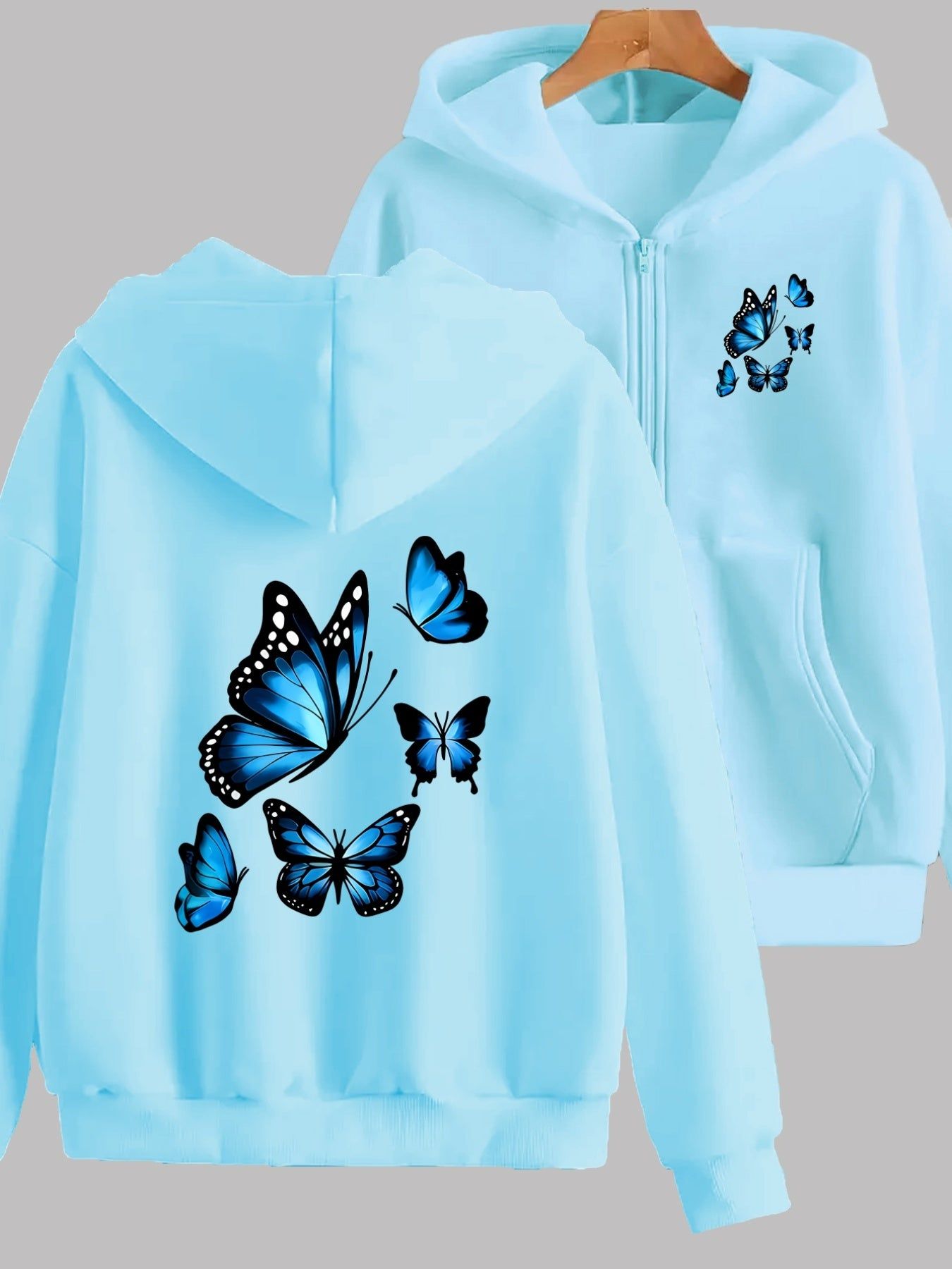 Blue Butterfly Print Peanut Dynamic Lively Embellishment Fashion Front And Back 2 Patterns Printed Hoodie - Y2K Casual Style Zip-Up Hooded Sweatshirt - Fashionable And Comfortable Zip-Up Jacket - All-Season Casual Athletic Wear Casual Athletic