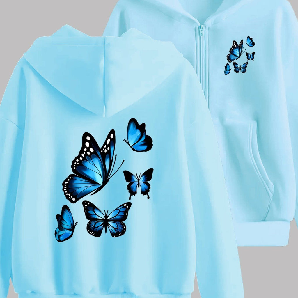 Blue Butterfly Print Peanut Dynamic Lively Embellishment Fashion Front And Back 2 Patterns Printed Hoodie - Y2K Casual Style Zip-Up Hooded Sweatshirt - Fashionable And Comfortable Zip-Up Jacket - All-Season Casual Athletic Wear Casual Athletic