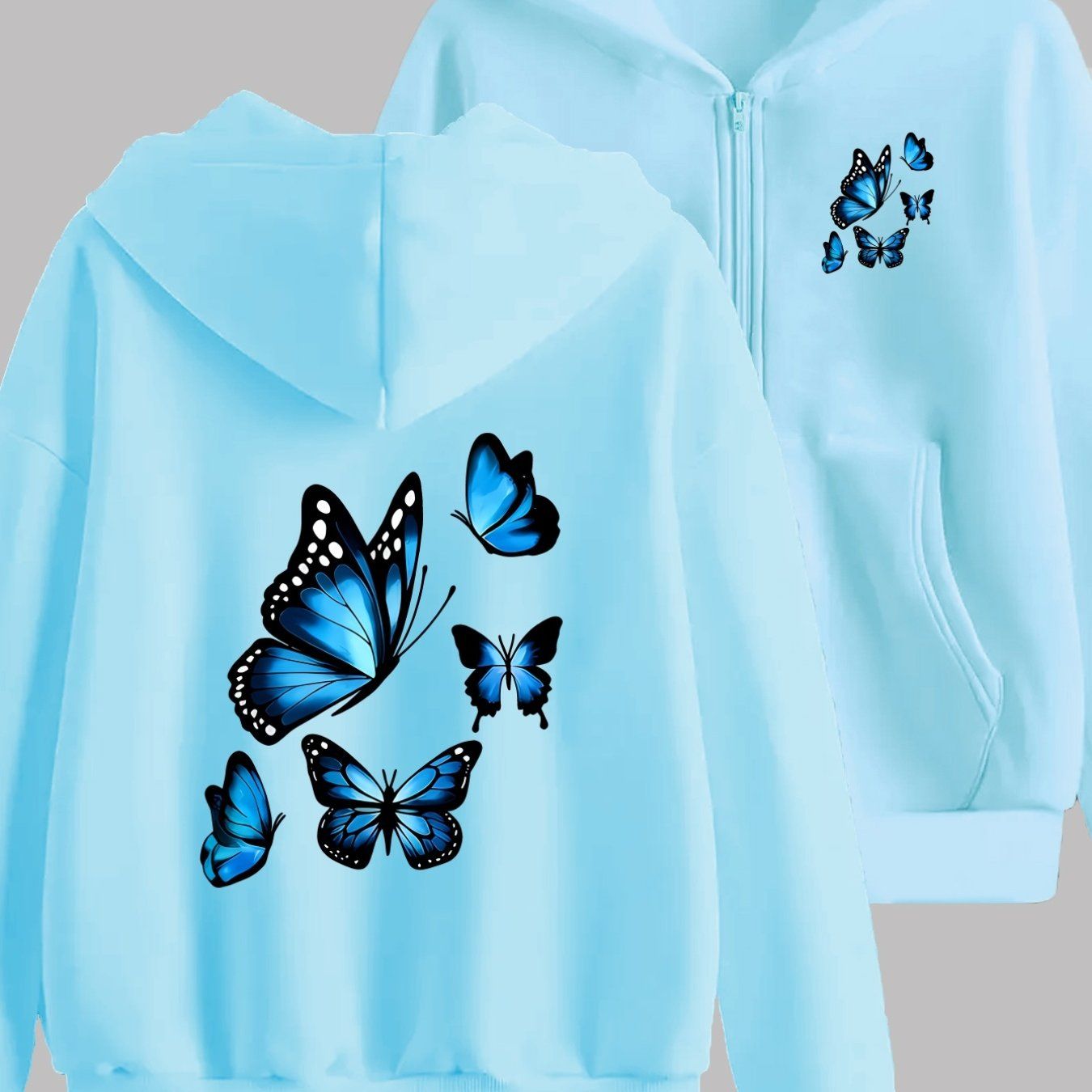 Blue Butterfly Print Peanut Dynamic Lively Embellishment Fashion Front And Back 2 Patterns Printed Hoodie - Y2K Casual Style Zip-Up Hooded Sweatshirt - Fashionable And Comfortable Zip-Up Jacket - All-Season Casual Athletic Wear Casual Athletic