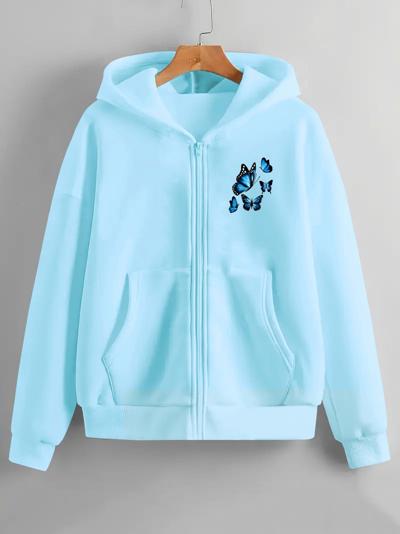 Blue Butterfly Print Peanut Dynamic Lively Embellishment Fashion Front And Back 2 Patterns Printed Hoodie - Y2K Casual Style Zip-Up Hooded Sweatshirt - Fashionable And Comfortable Zip-Up Jacket - All-Season Casual Athletic Wear Casual Athletic