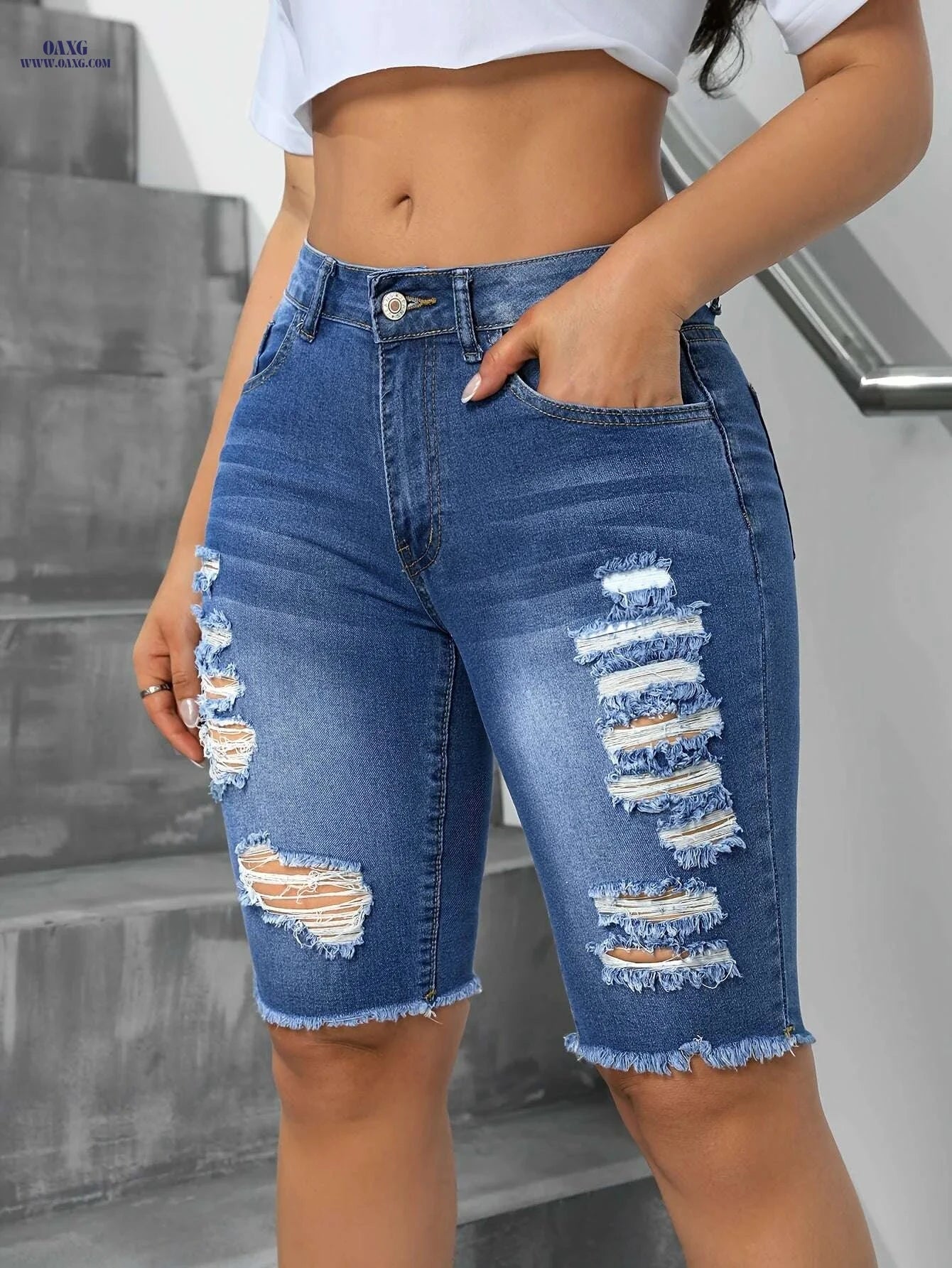 Blue Ripped Skinny Jeans - High Stretch Casual Bermuda Style   OAXG 