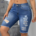 Blue Ripped Skinny Jeans - High Stretch Casual Bermuda Style   OAXG 