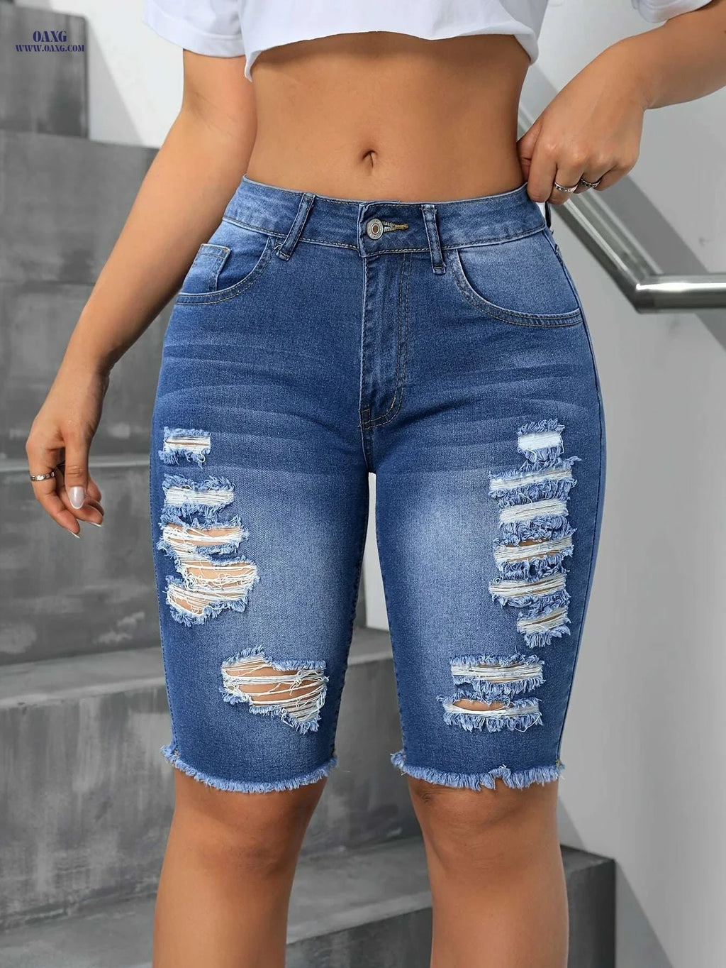 Blue Ripped Skinny Jeans - High Stretch Casual Bermuda Style   OAXG 