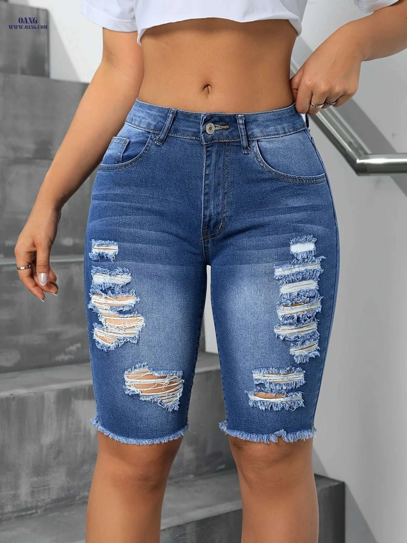 Blue Ripped Skinny Jeans - High Stretch Casual Bermuda Style   OAXG 