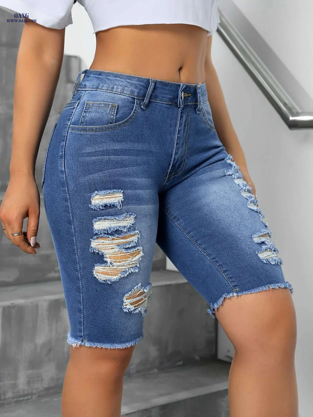 Blue Ripped Skinny Jeans - High Stretch Casual Bermuda Style   OAXG 