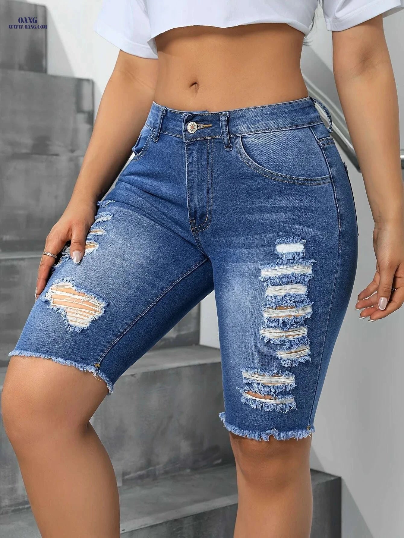 Blue Ripped Skinny Jeans - High Stretch Casual Bermuda Style   OAXG 