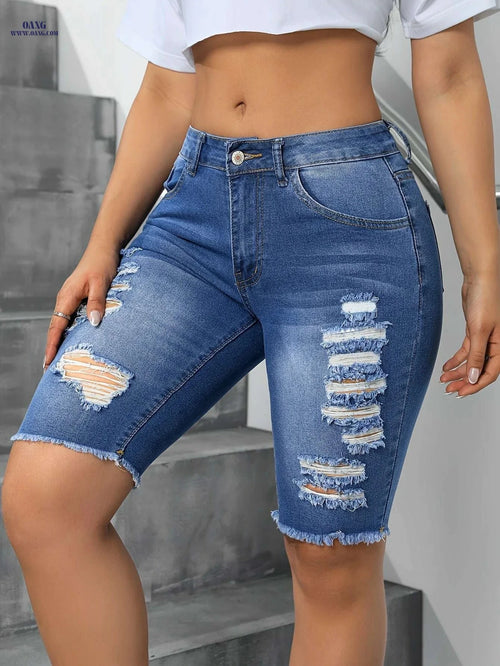 Blue Ripped Skinny Jeans - High Stretch Casual Bermuda Style   OAXG 