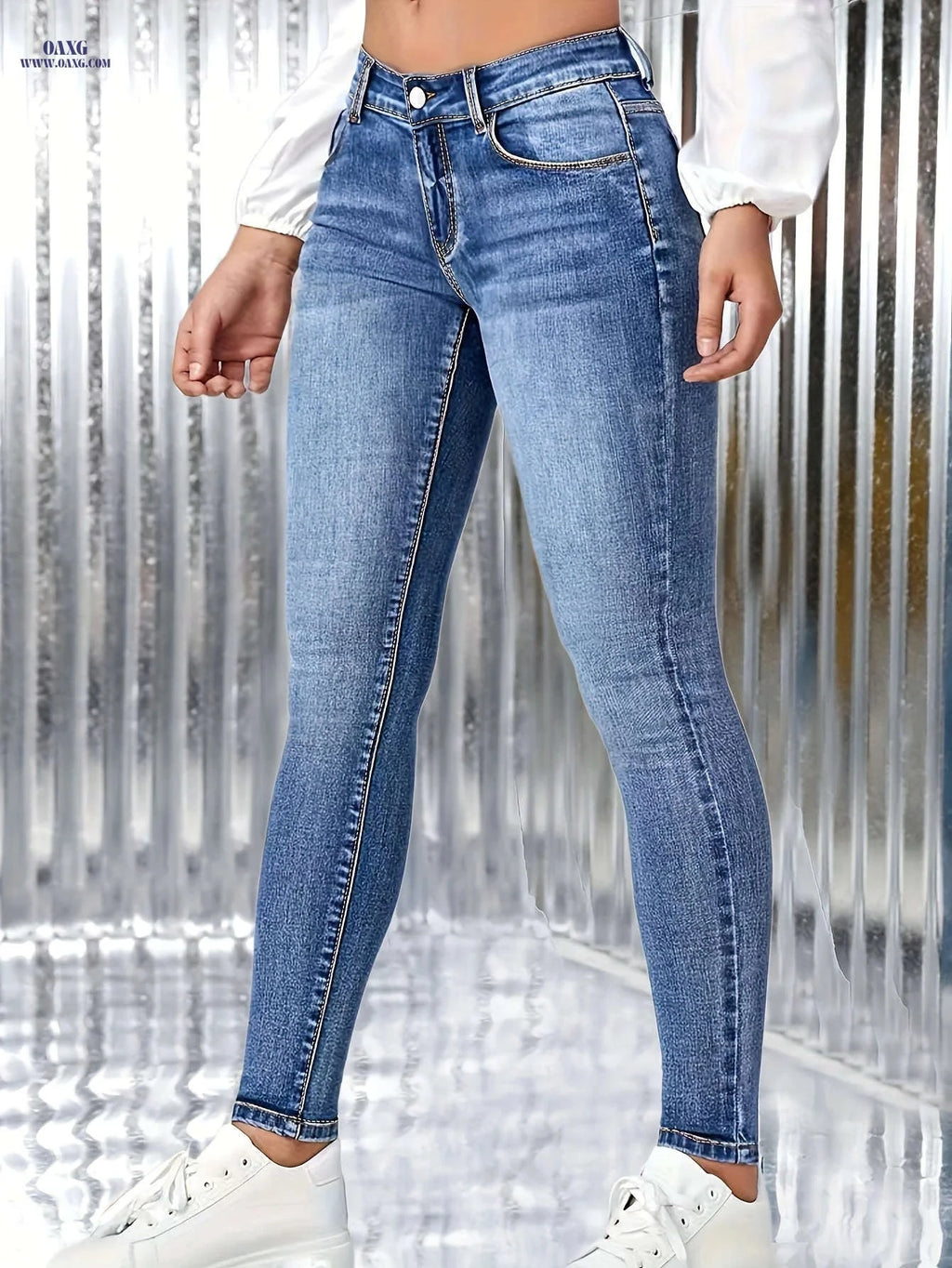 Blue Stretchy Women’s Skinny Jeans - High Waist, All-Season Fit   OAXG Blue / XS