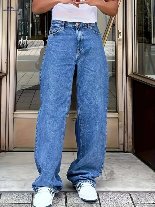 Blue Wide-Leg Denim Pants - Comfortable All-Season Casual Style   OAXG Blue / FR S
