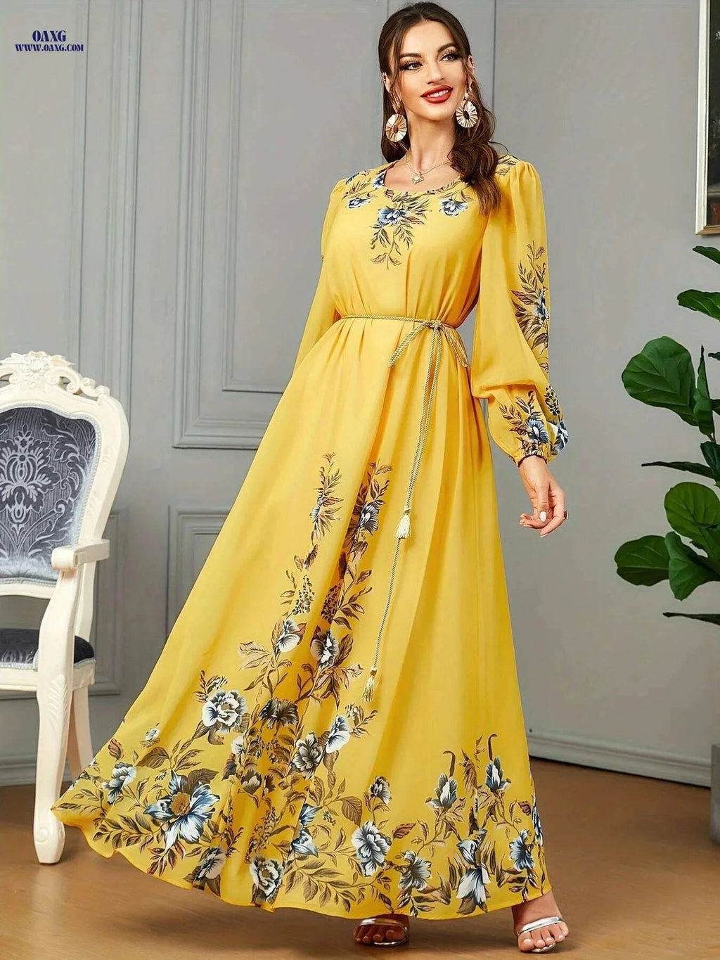 BNSQ Floral Print Kaftan Dress - Elegant Long Sleeve Maxi for Eid   OAXG 