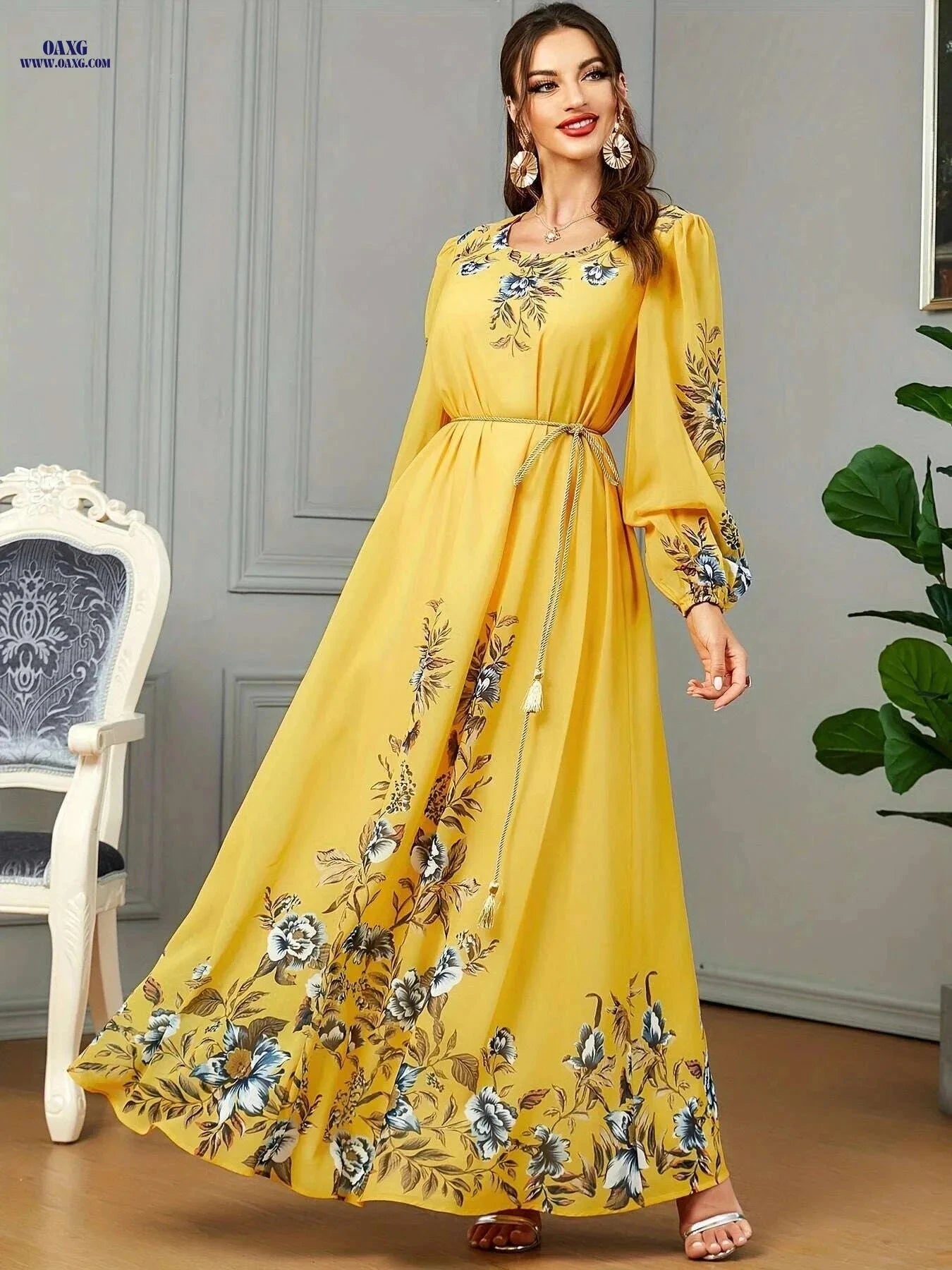 BNSQ Floral Print Kaftan Dress - Elegant Long Sleeve Maxi for Eid   OAXG 