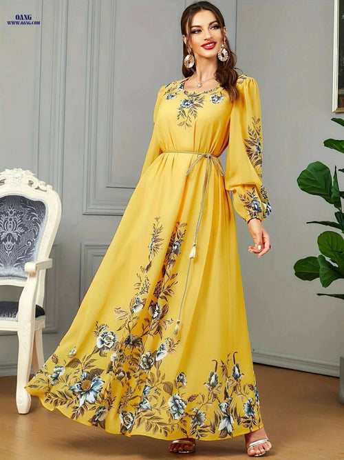 BNSQ Floral Print Kaftan Dress - Elegant Long Sleeve Maxi for Eid   OAXG 