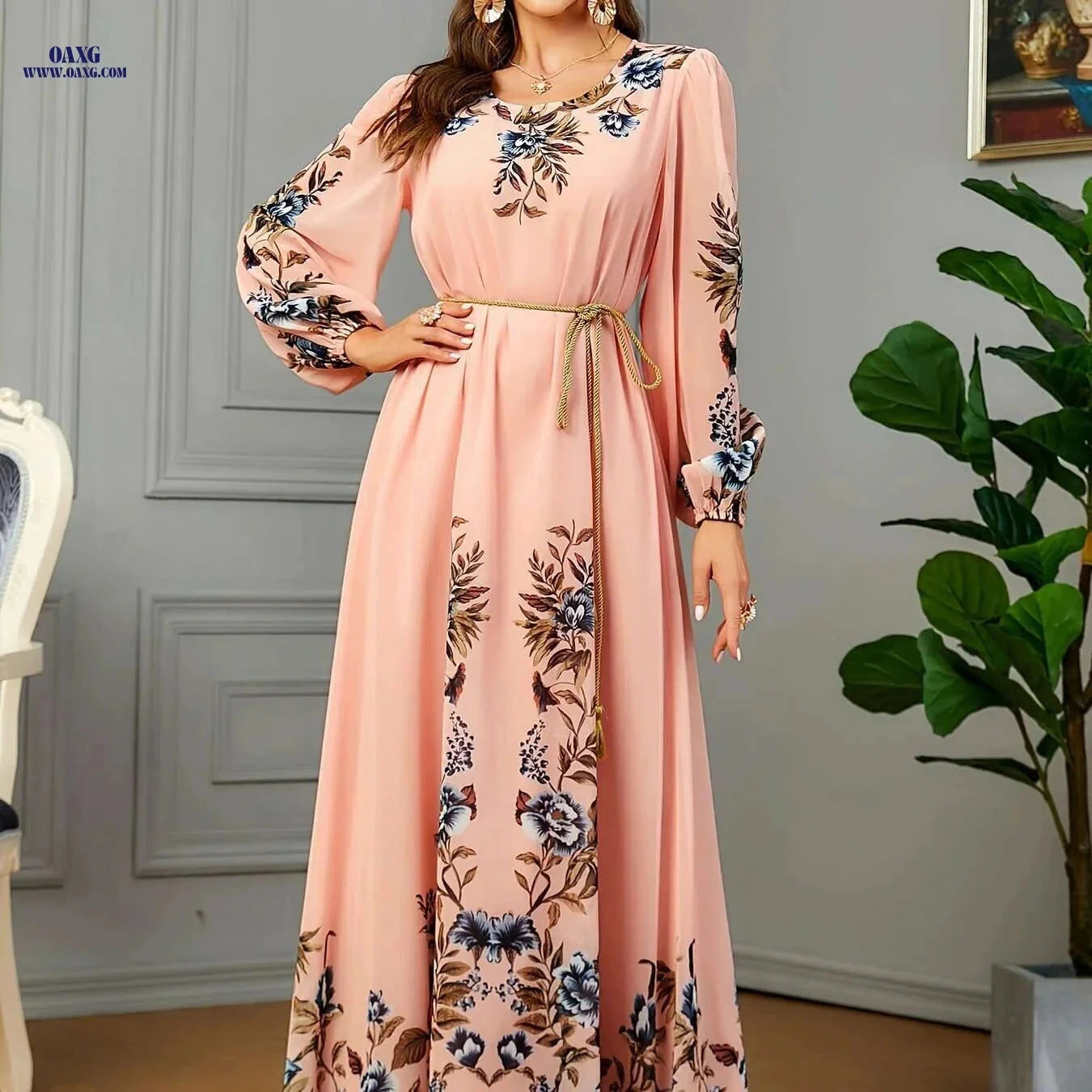 BNSQ Floral Print Kaftan Dress - Elegant Long Sleeve Maxi for Eid   OAXG 