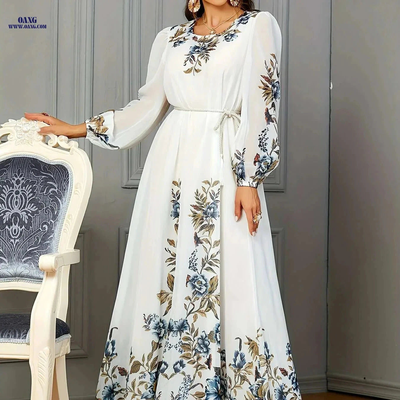BNSQ Floral Print Kaftan Dress - Elegant Long Sleeve Maxi for Eid   OAXG 
