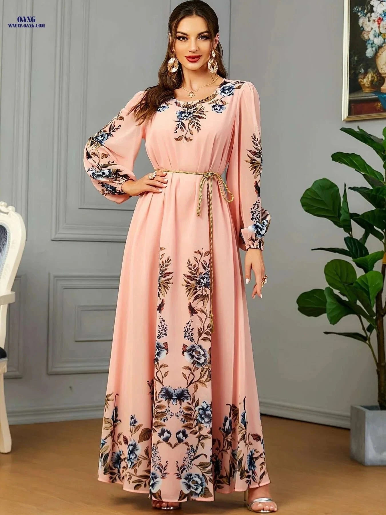 BNSQ Floral Print Kaftan Dress - Elegant Long Sleeve Maxi for Eid   OAXG Bright Yellow / M