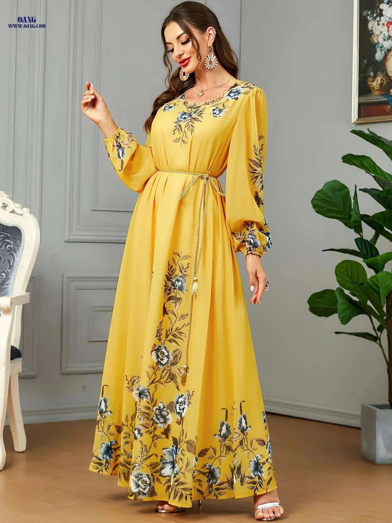 BNSQ Floral Print Kaftan Dress - Elegant Long Sleeve Maxi for Eid   OAXG Bright Yellow / M