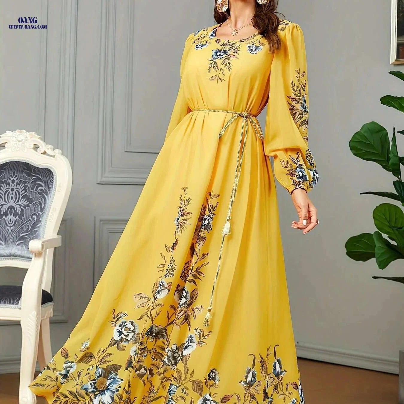 BNSQ Floral Print Kaftan Dress - Elegant Long Sleeve Maxi for Eid   OAXG Bright Yellow / M