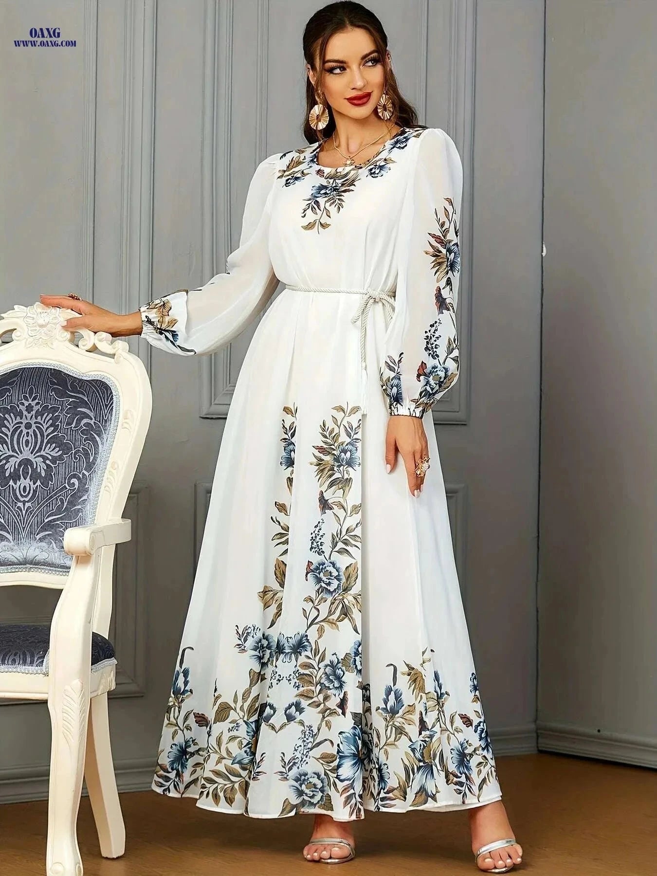 BNSQ Floral Print Kaftan Dress - Elegant Long Sleeve Maxi for Eid   OAXG 
