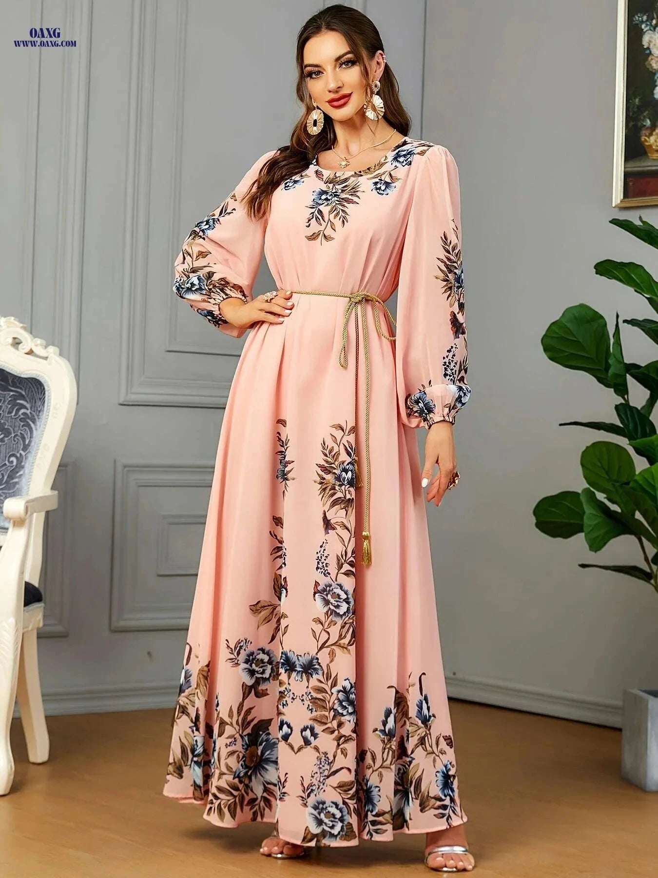BNSQ Floral Print Kaftan Dress - Elegant Long Sleeve Maxi for Eid   OAXG 