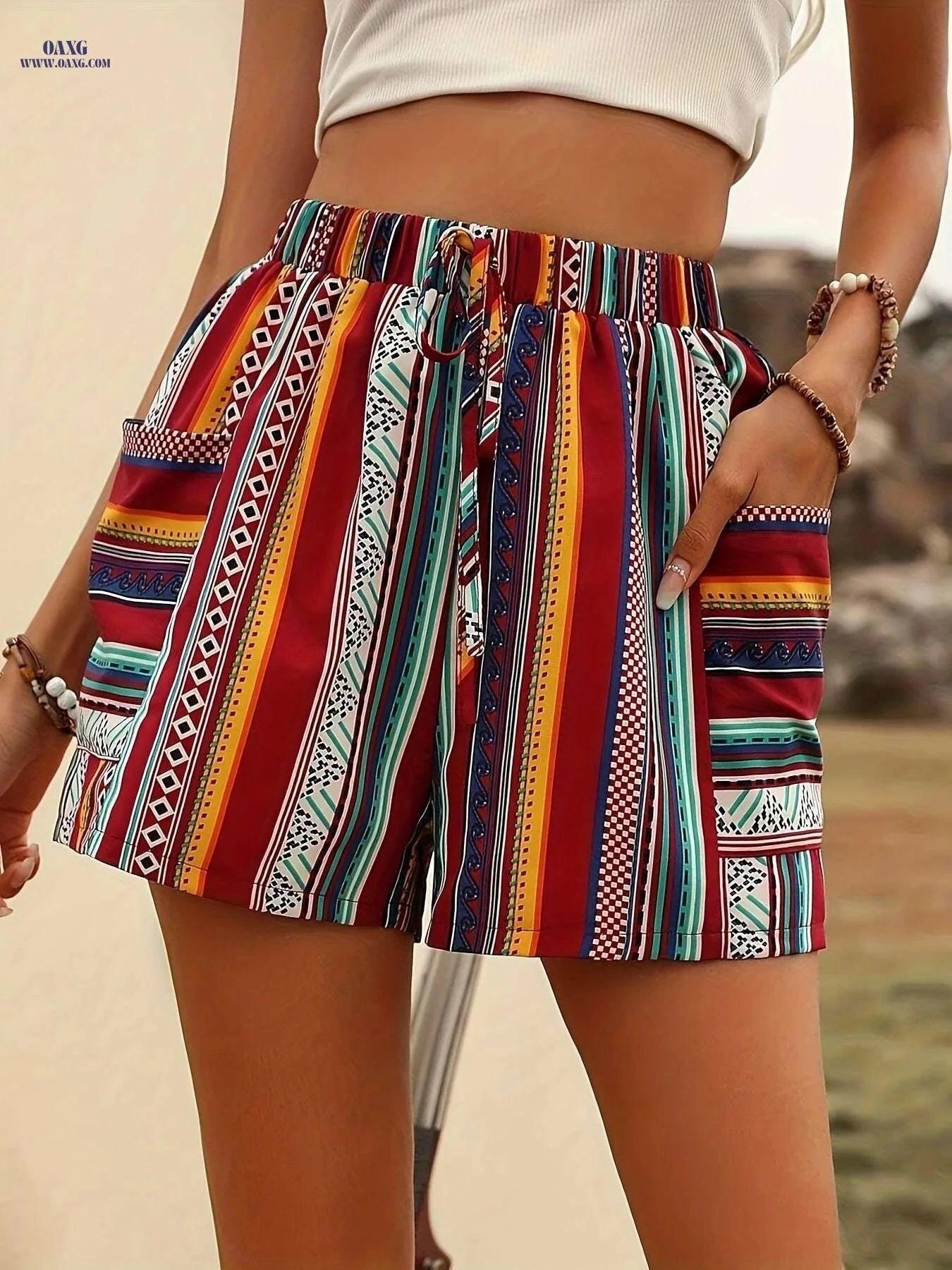 Bohemian High-Waisted Women’s Shorts - Striped, Elastic Waist & Pockets   OAXG 