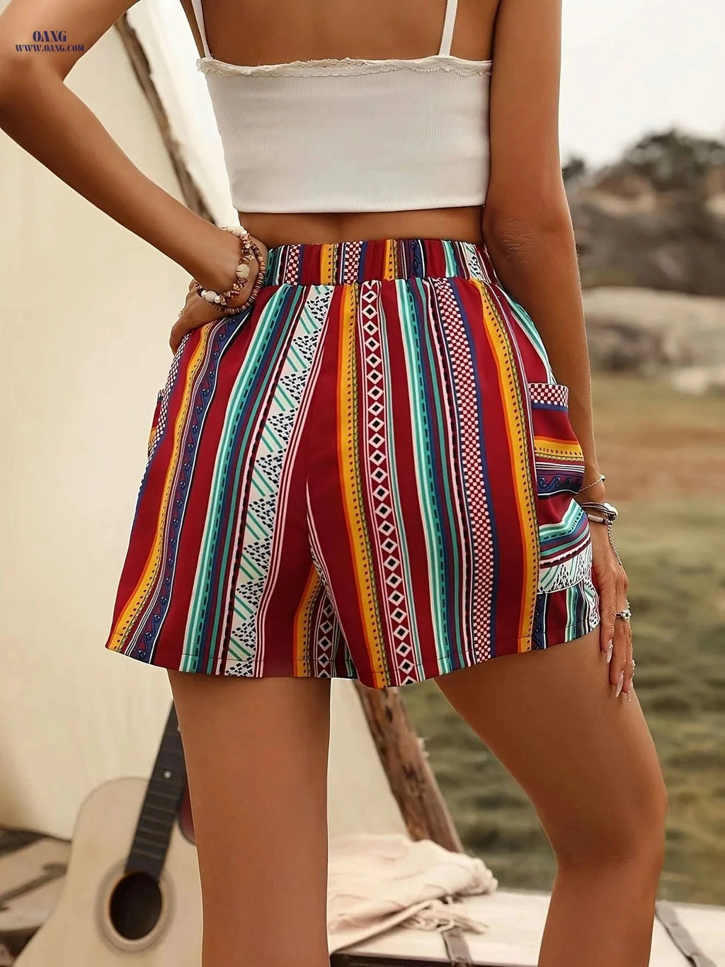 Bohemian High-Waisted Women’s Shorts - Striped, Elastic Waist & Pockets   OAXG 