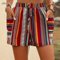 Bohemian High-Waisted Women’s Shorts - Striped, Elastic Waist & Pockets   OAXG 