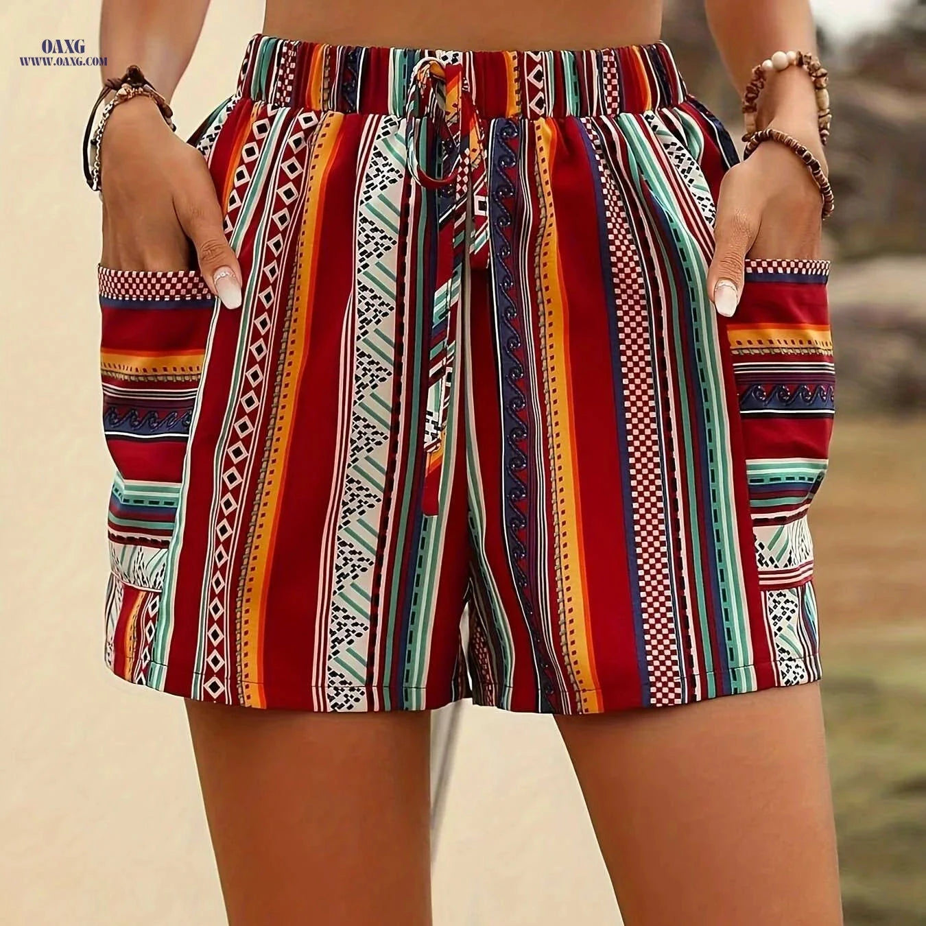 Bohemian High-Waisted Women’s Shorts - Striped, Elastic Waist & Pockets   OAXG 